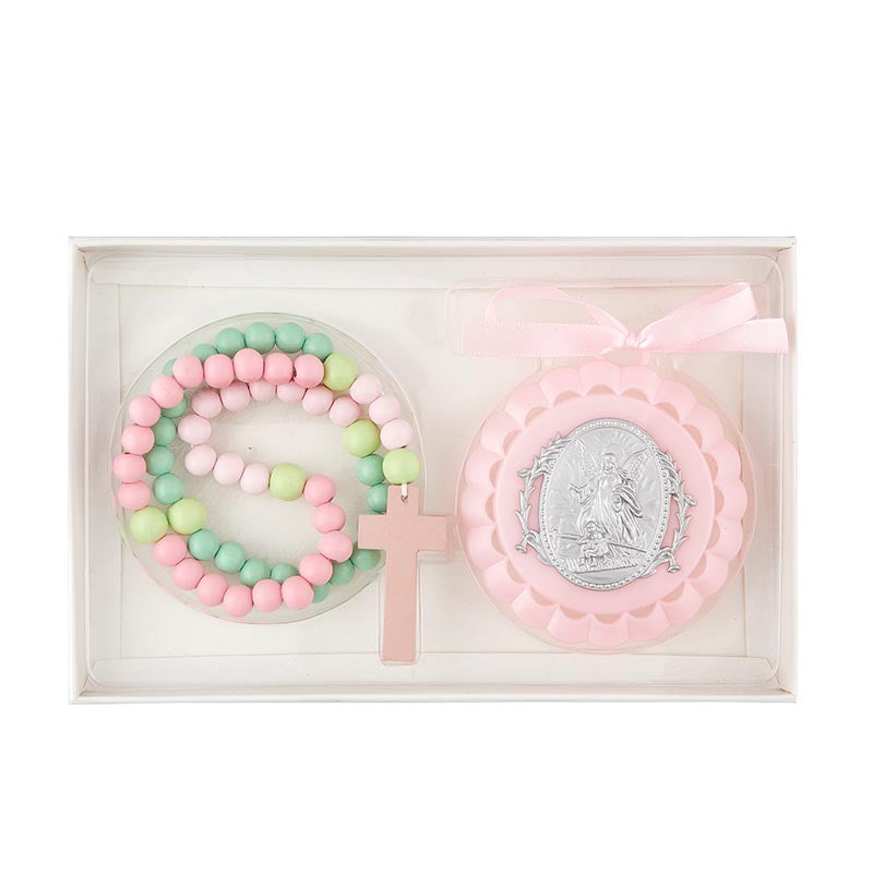 Guardian Angel Crib Medal with Rosary (Pink)