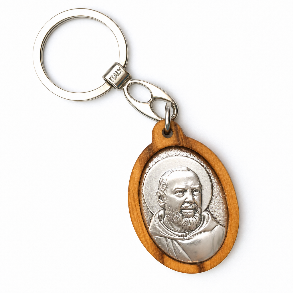 Italian Olivewood St. Padre Pio Medal Keychain