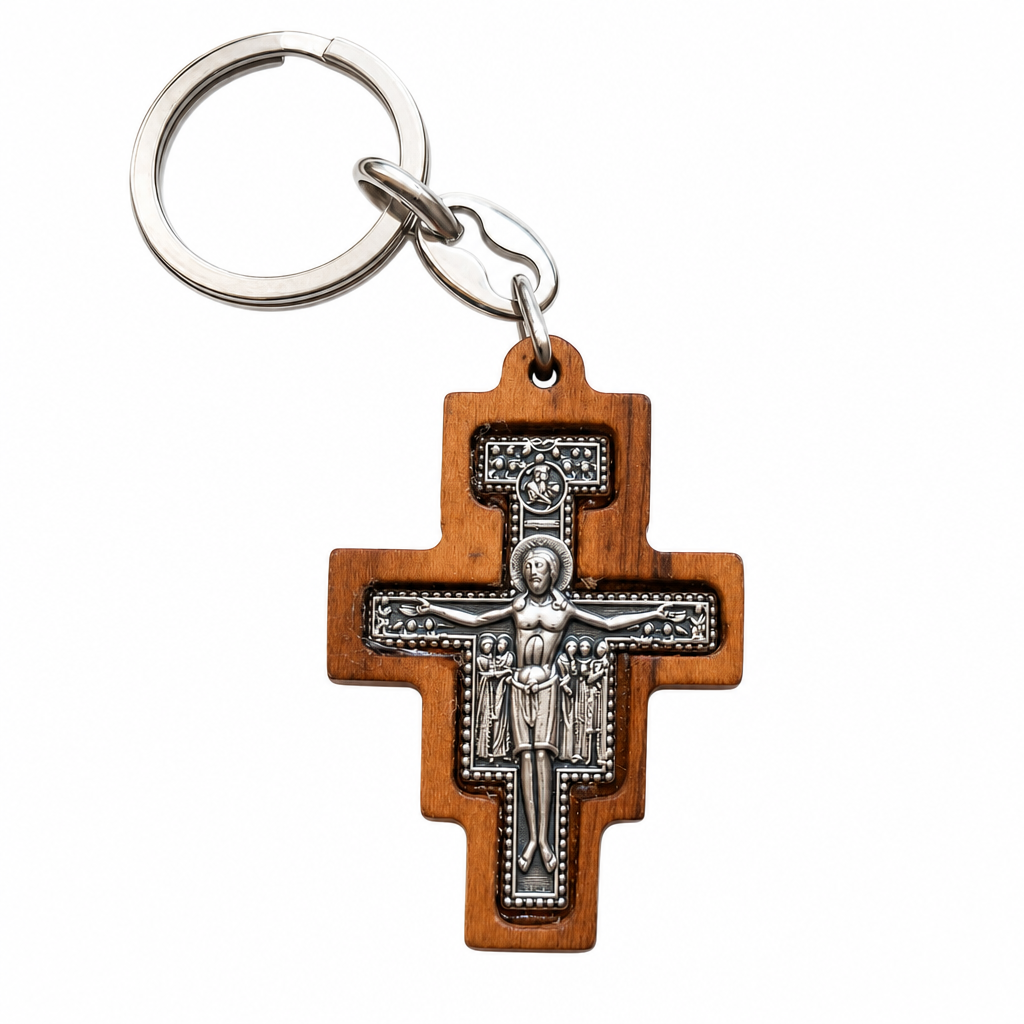 Italian Olivewood San Damiano Crucifix Keychain, 2.5"