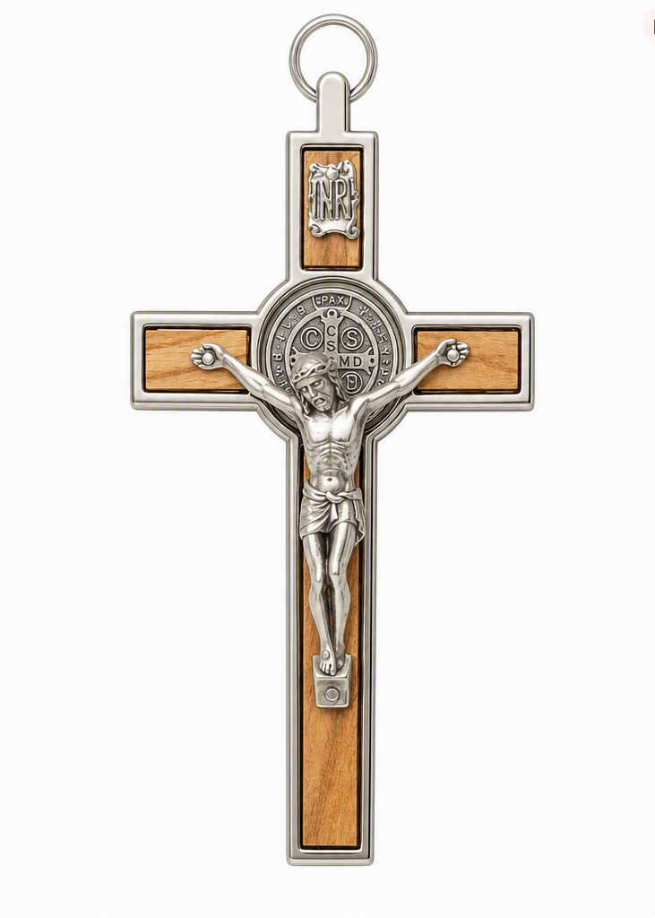 St. Benedict Crucifix – Olivewood & Silver Frame, 5" (Made in Italy)