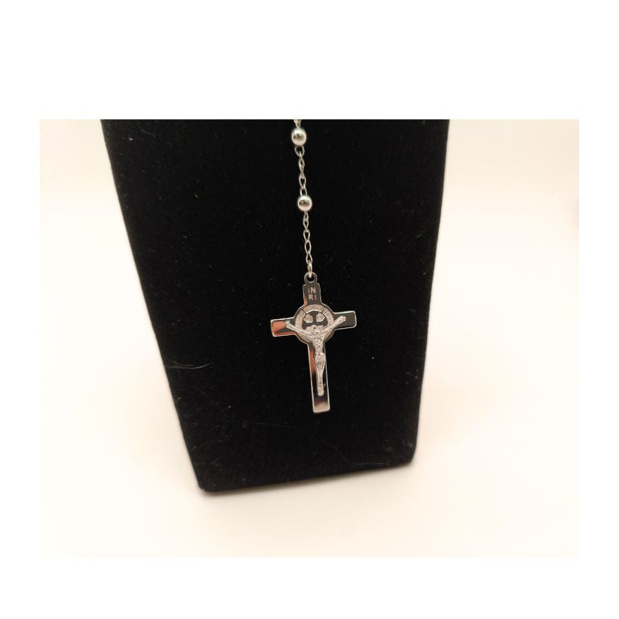Rosary Necklace: St Benedict Medal Rosary (Silver Finish)