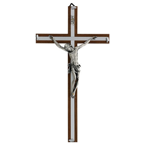 Crucifix in Walnut Wood with Silver Corpus (Italy) 13.5" Traditional