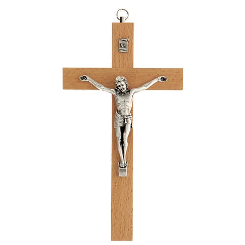 Crucifix in Pear Wood with Silver Corpus (Made in Italy), 10"