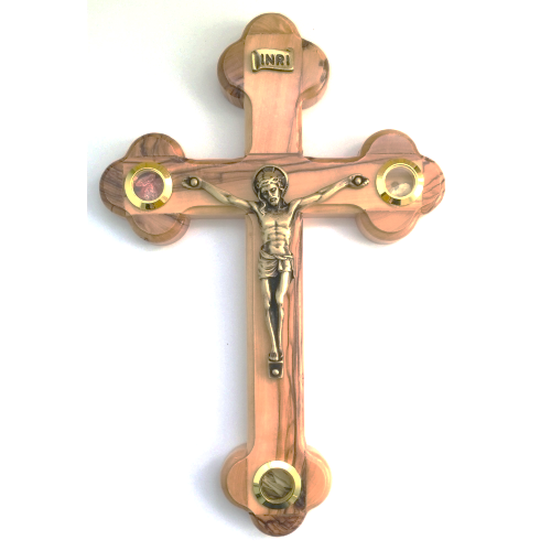 Olivewood Crucifix with Holy Land Soil, 9"