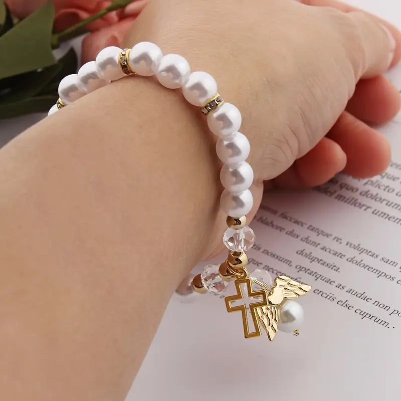 First Communion Imitation Pearls Bracelet with Angel & Cross Dangles