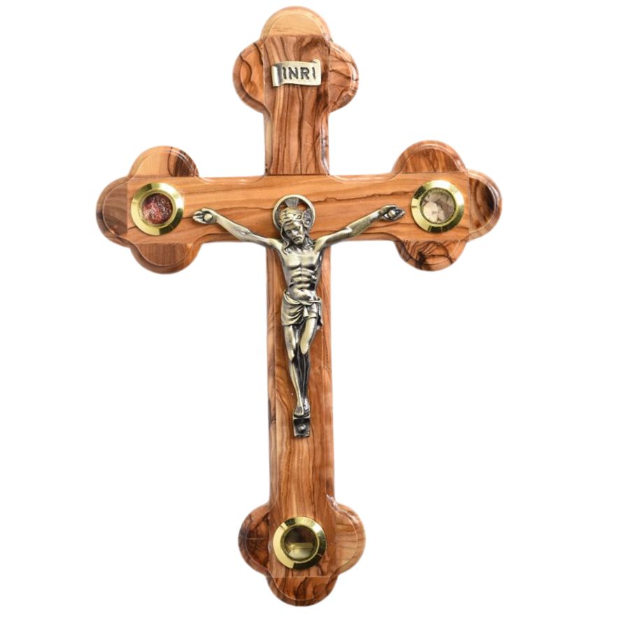 Olivewood Crucifix with Holy Land Soil, 9"