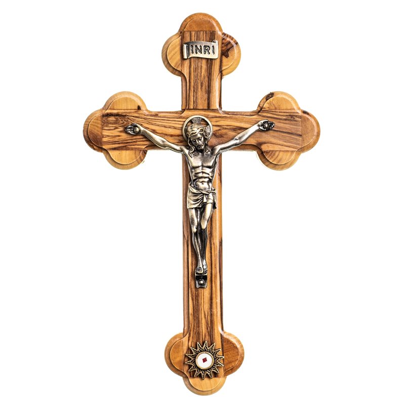 Olive Wood Crucifix with Relic, 8"