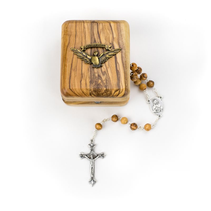 Holy Land Confirmation Keepsake Box with Olivewood Rosary Set
