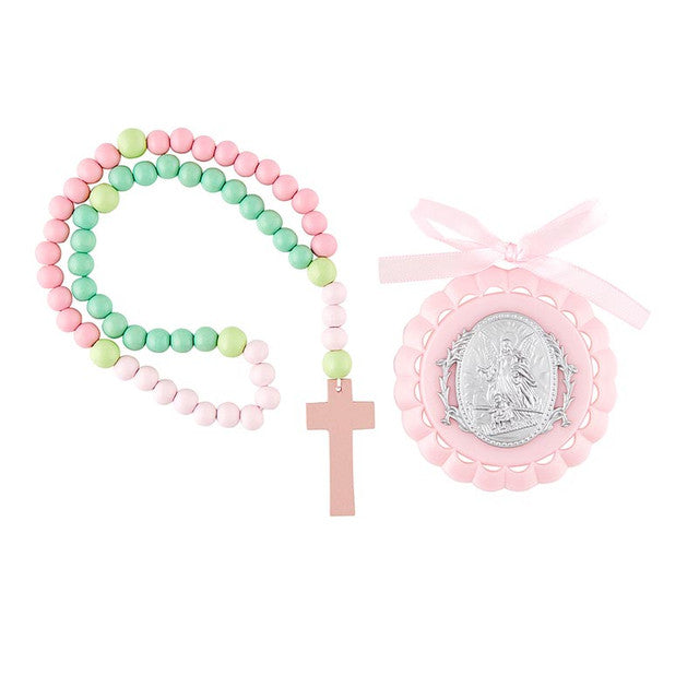 Guardian Angel Crib Medal with Rosary (Pink)