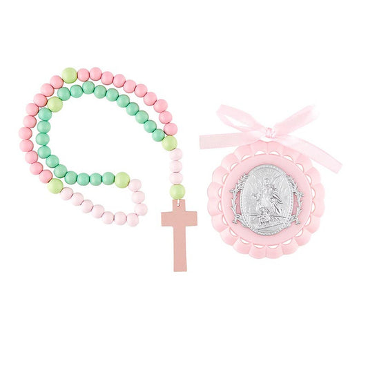 Guardian Angel Crib Medal with Rosary (Pink)