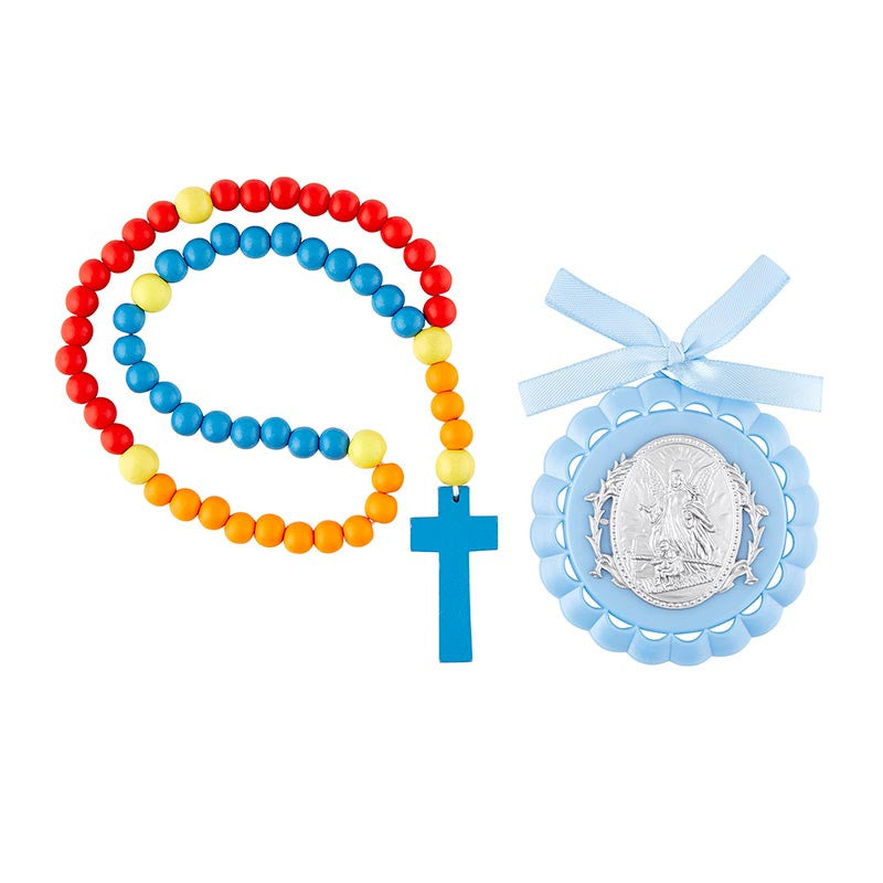 Guardian Angel Crib Medal with Rosary (Blue)