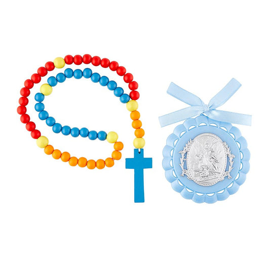 Guardian Angel Crib Medal with Rosary (Blue)