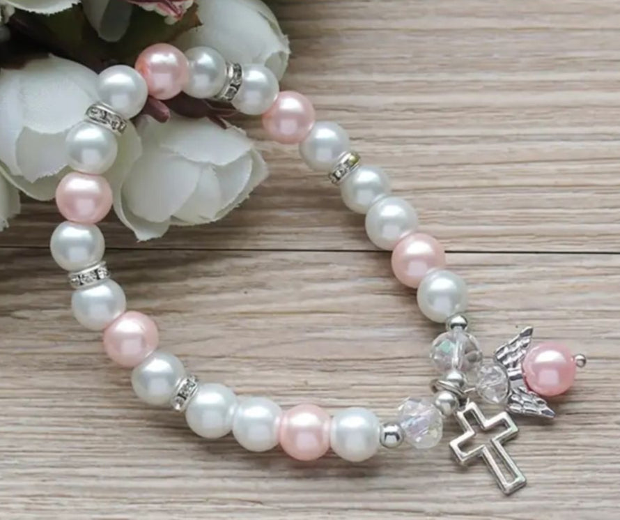 First Communion Imitation Pearls Bracelet with Angel & Cross Dangles