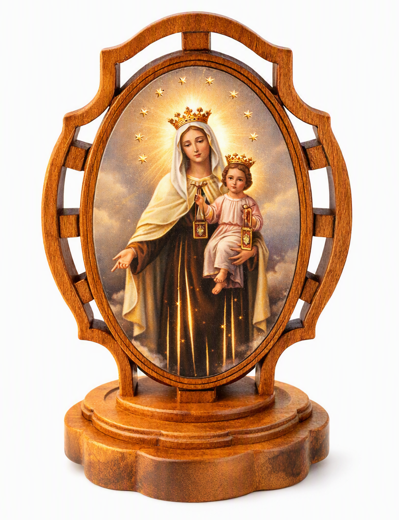 Olivewood Our Lady of Mount Carmel Mini Stand, 2" x 1.5" (Made in Italy)