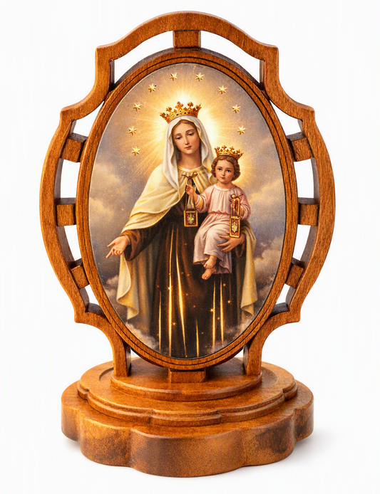Olivewood Our Lady of Mount Carmel Mini Stand, 2" x 1.5" (Made in Italy)