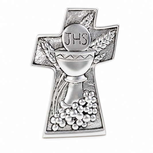 Silver First Holy Communion Standing Cross, 3.75"  (Made in Italy)