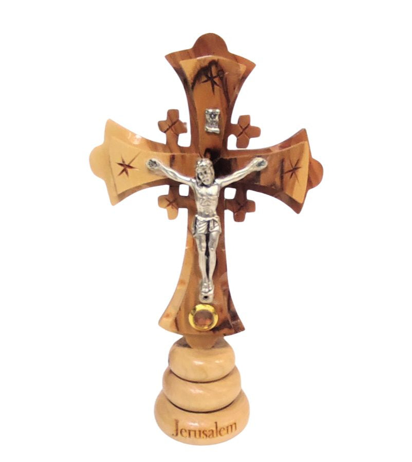 Olivewood Jerusalem Cross Standing Crucifix with Jerusalem Soil, 6"