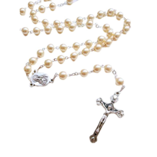 Jerusalem Rosary: Pearl Beads with Velvet Case