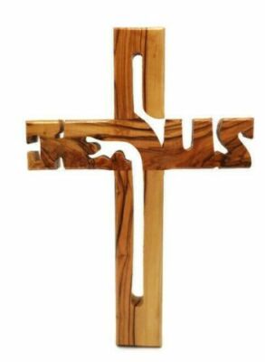 JESUS Name Wall Cross – Hand-Carved Olive Wood (8")