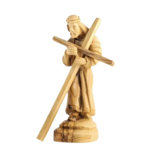Olivewood Jesus Carrying Cross Statue, 5.5"