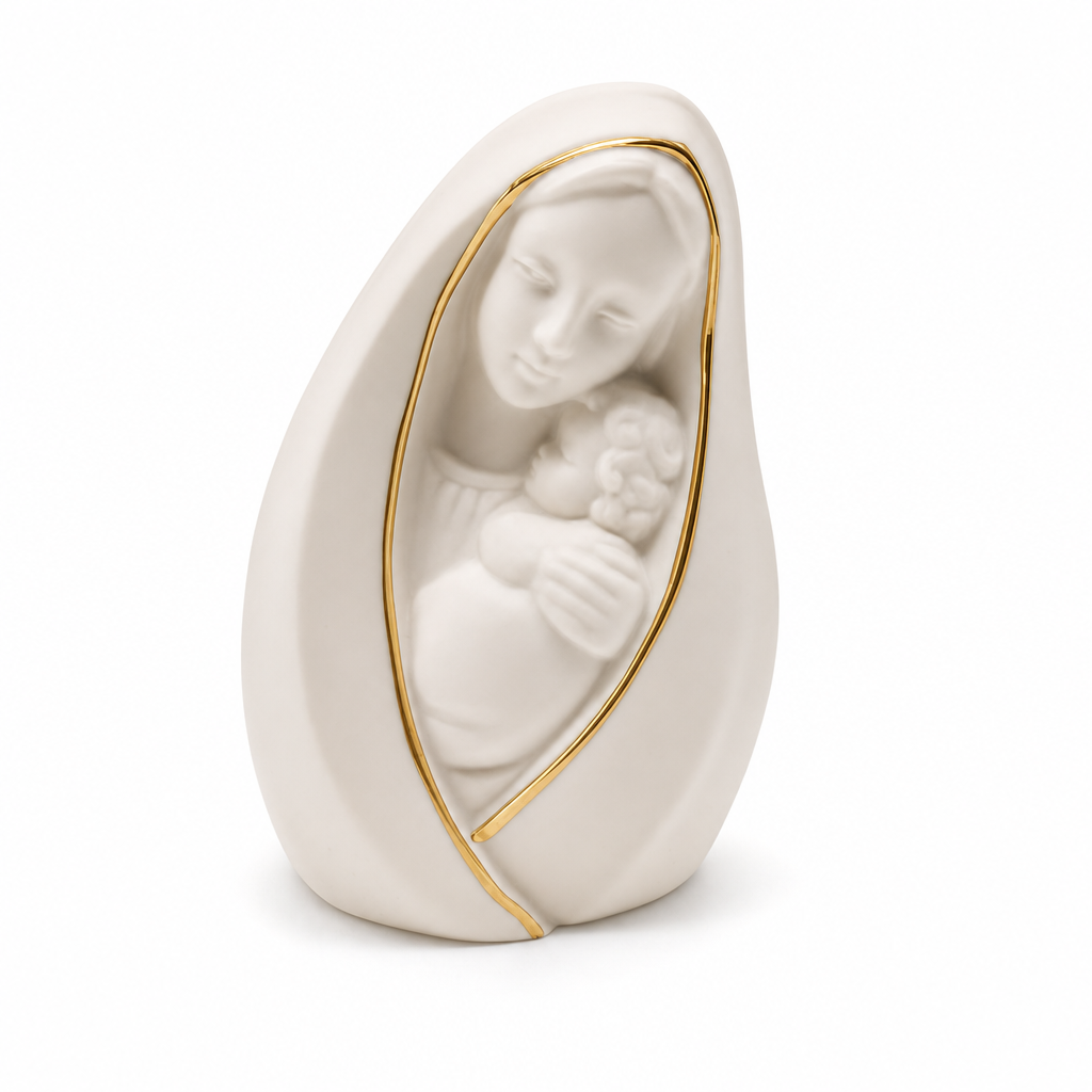 Mother Mary with Baby Jesus Mini Stand (White with Gold Trim), 2.5"