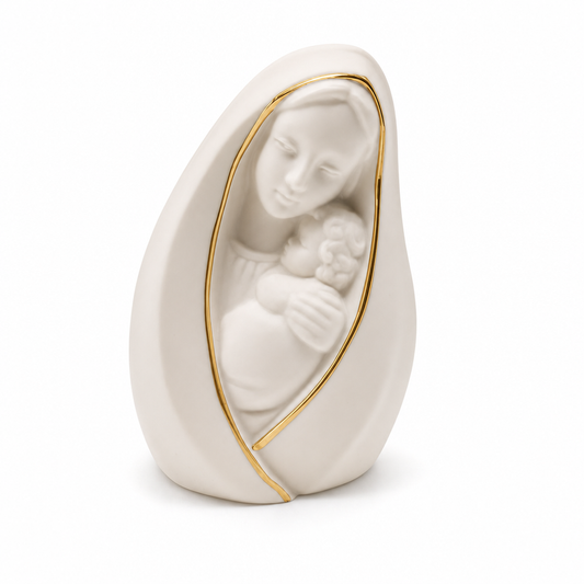 Mother Mary with Baby Jesus Mini Stand (White with Gold Trim), 2.5"