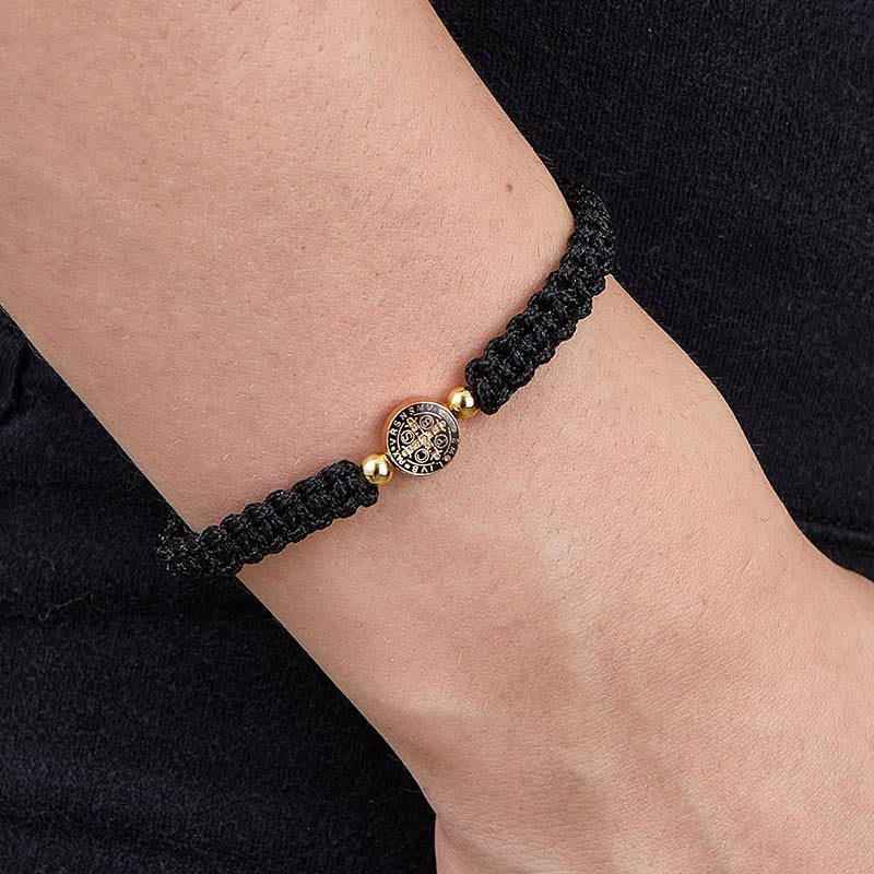 St. Benedict Black Enamel Medal Macrame Bracelet