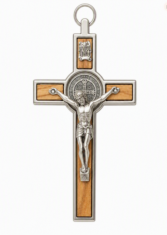 St. Benedict Crucifix – Olivewood & Silver Frame, 5" (Made in Italy)