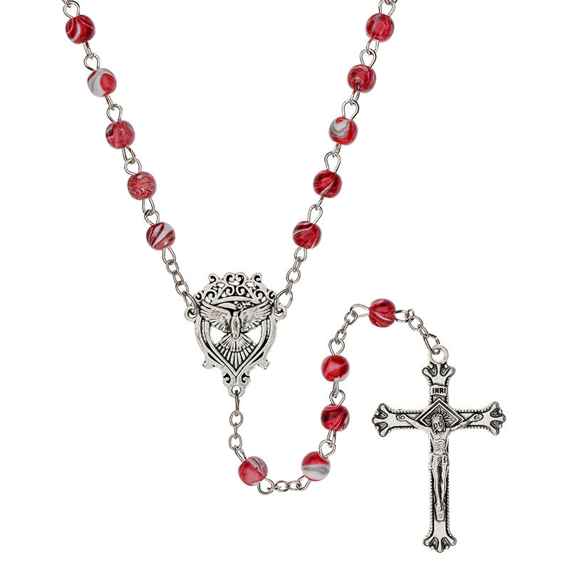 Red Marbled Confirmation Rosary with Case