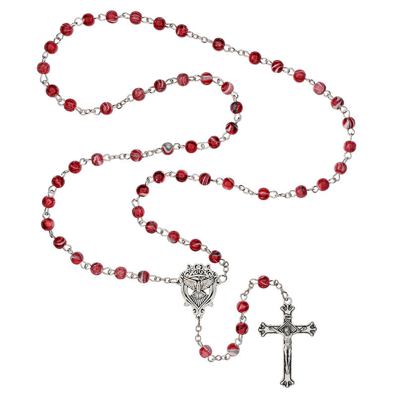 Red Marbled Confirmation Rosary with Case