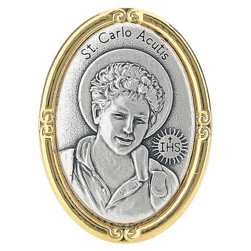 Carlo Acutis oval medallion with support two-tone, 40x30 mm