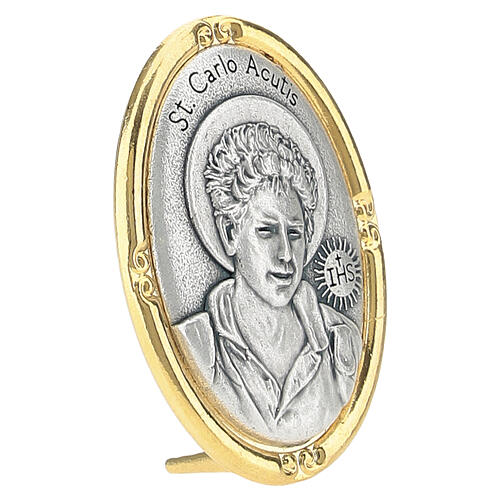 Carlo Acutis oval medallion with support two-tone, 40x30 mm