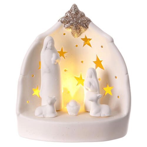 Porcelain Holy Family Nativity Scene with LED Light Stars