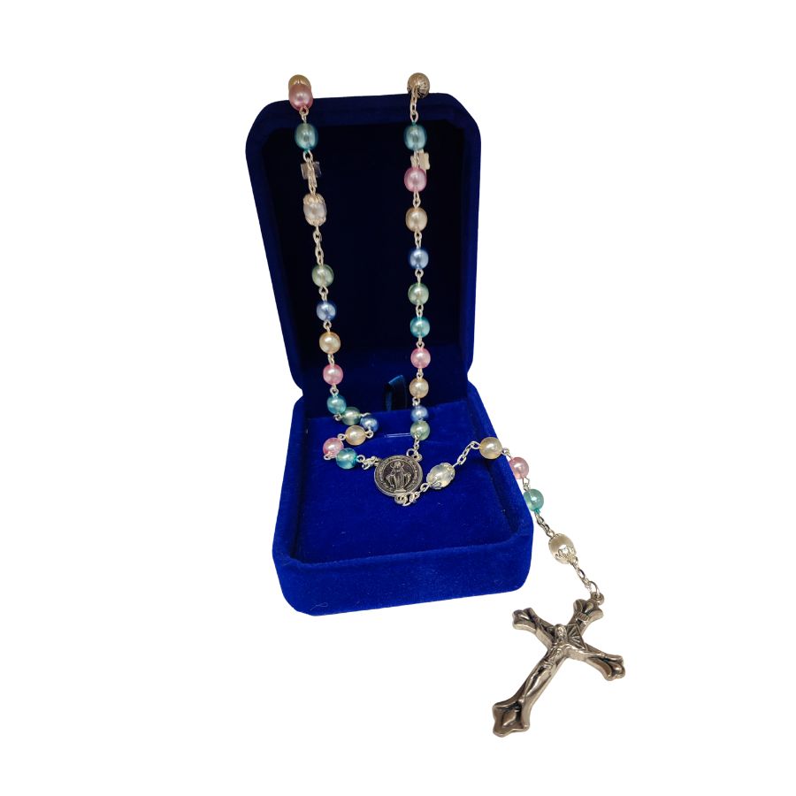 Multi-colored Pearl Rosary on Silver Chain