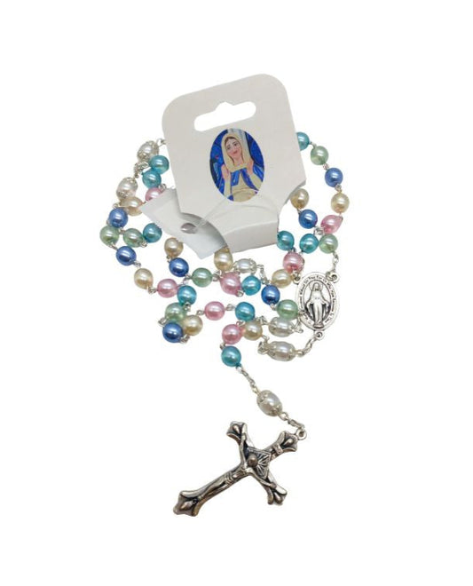 Multi-colored Pearl Rosary on Silver Chain