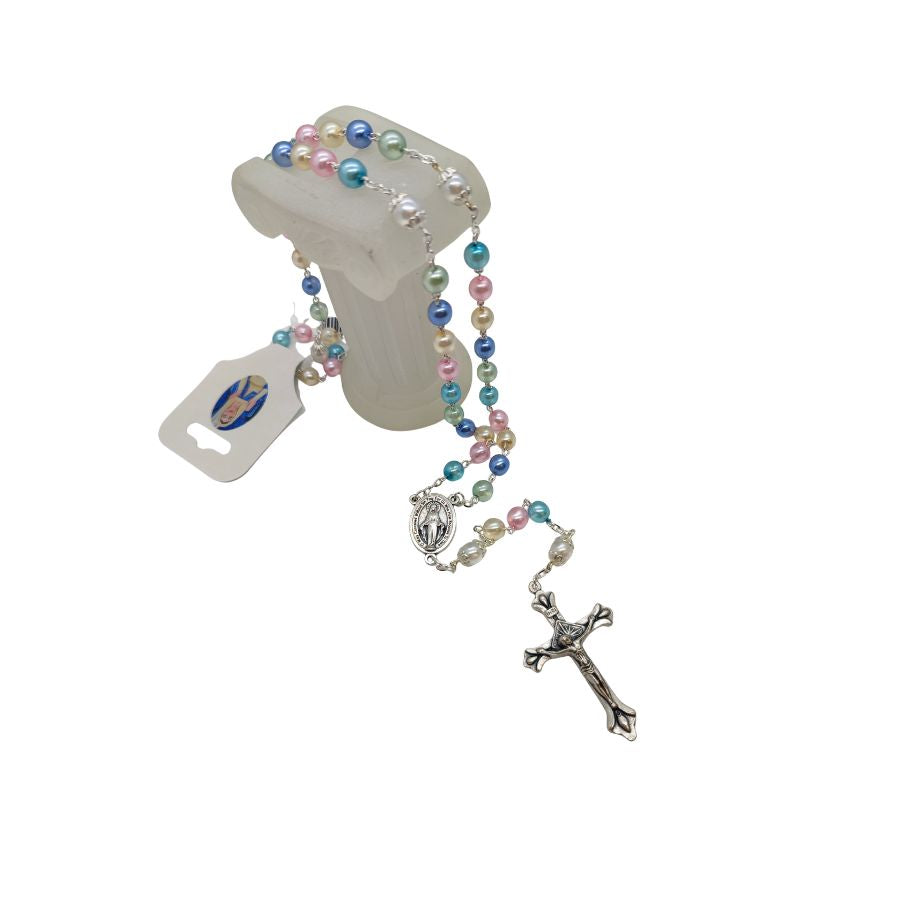 Multi-colored Pearl Rosary on Silver Chain