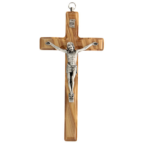 Olive Wood Crucifix with Silver Corpus, 8" (Made in Italy)