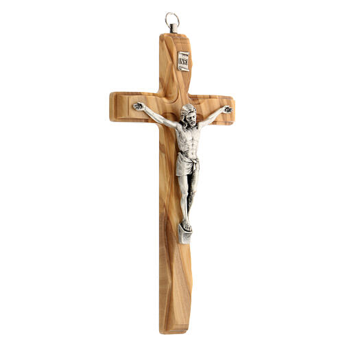 Olive Wood Crucifix with Silver Corpus, 8" (Made in Italy)