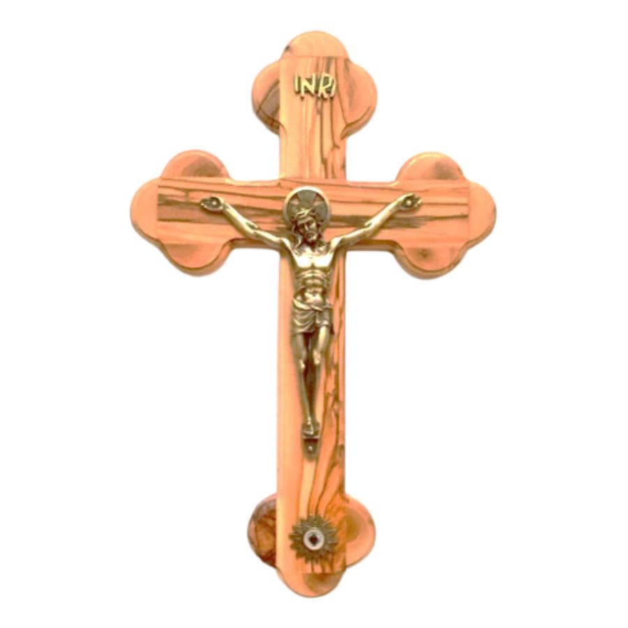 Olivewood Crucifix with Relic, 10"