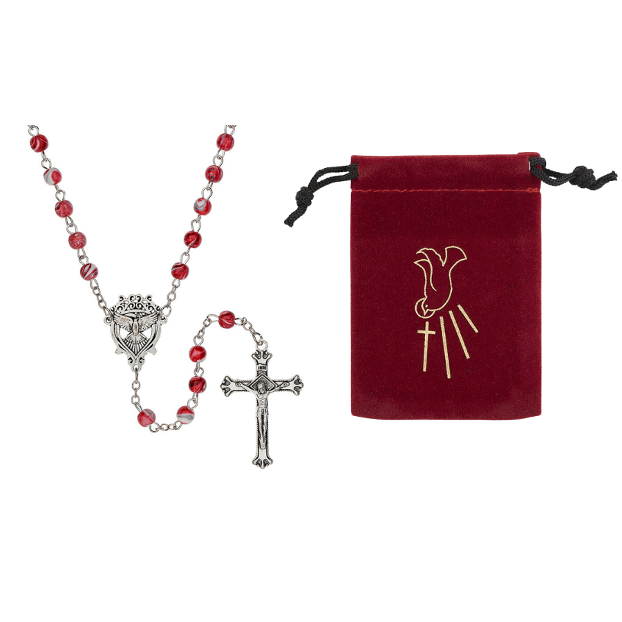 Red Marbled Confirmation Rosary with Case