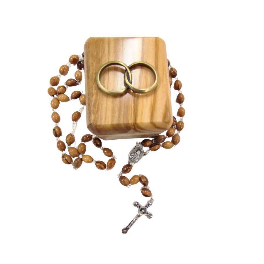 Holy Land Wedding Ring Keepsake Box with Olivewood Rosary Set