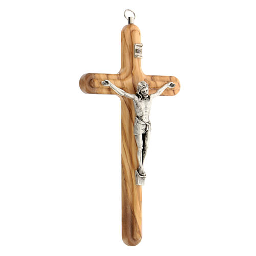 Rounded Olive Wood Crucifix with Silver Corpus, 8" (Made in Italy)