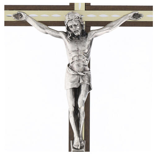 Wall crucifix in dark hornbeam with light inserts, silver-plated