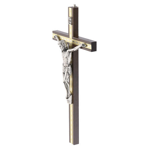 Wall crucifix in dark hornbeam with light inserts, silver-plated