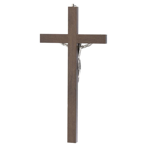 Wall crucifix in dark hornbeam with light inserts, silver-plated
