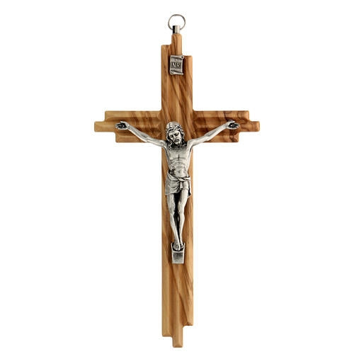 Olivewood Crucifix with Grooves Design, 8" (Italy)