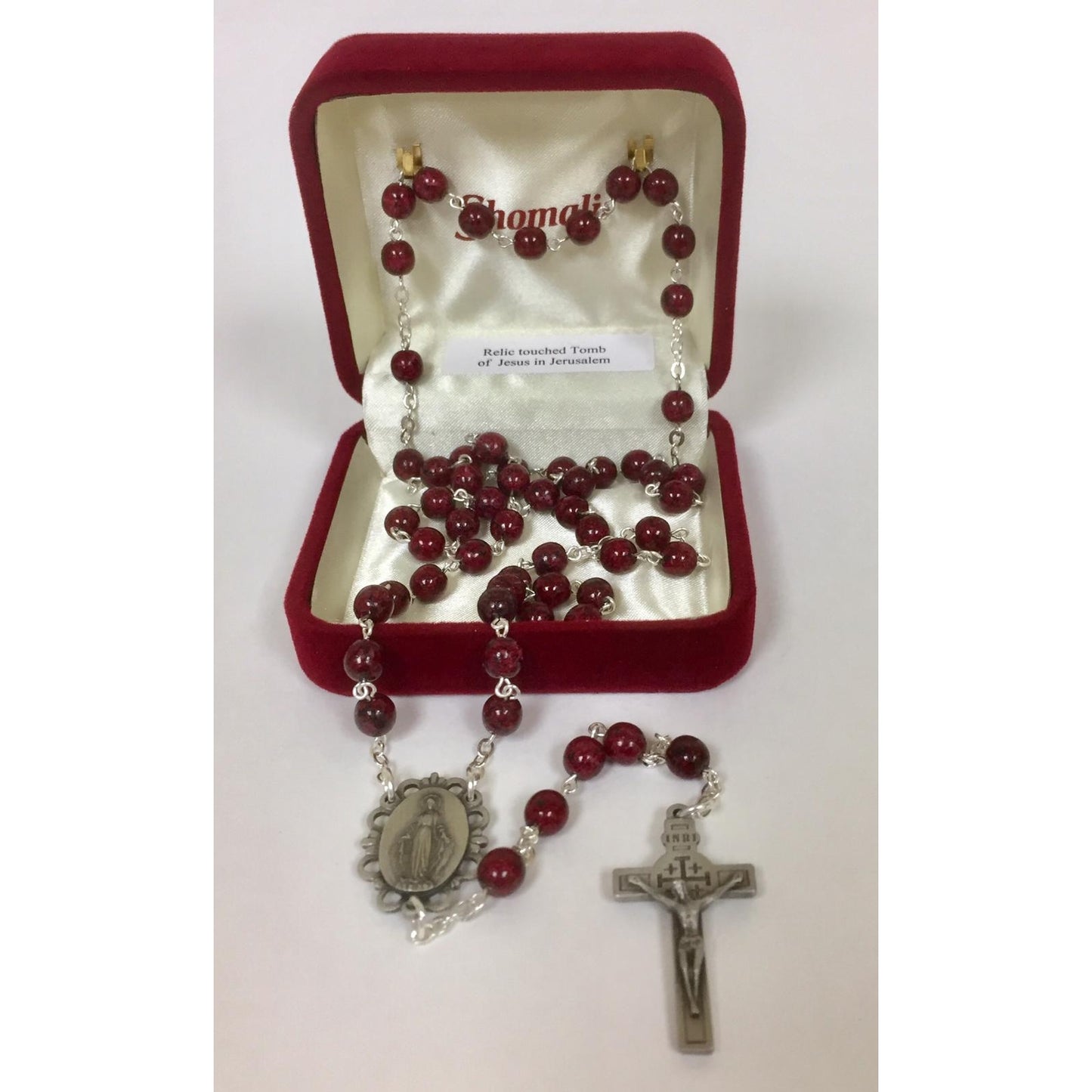 Holy Land Relic Rosary (Burgundy) with velvet case