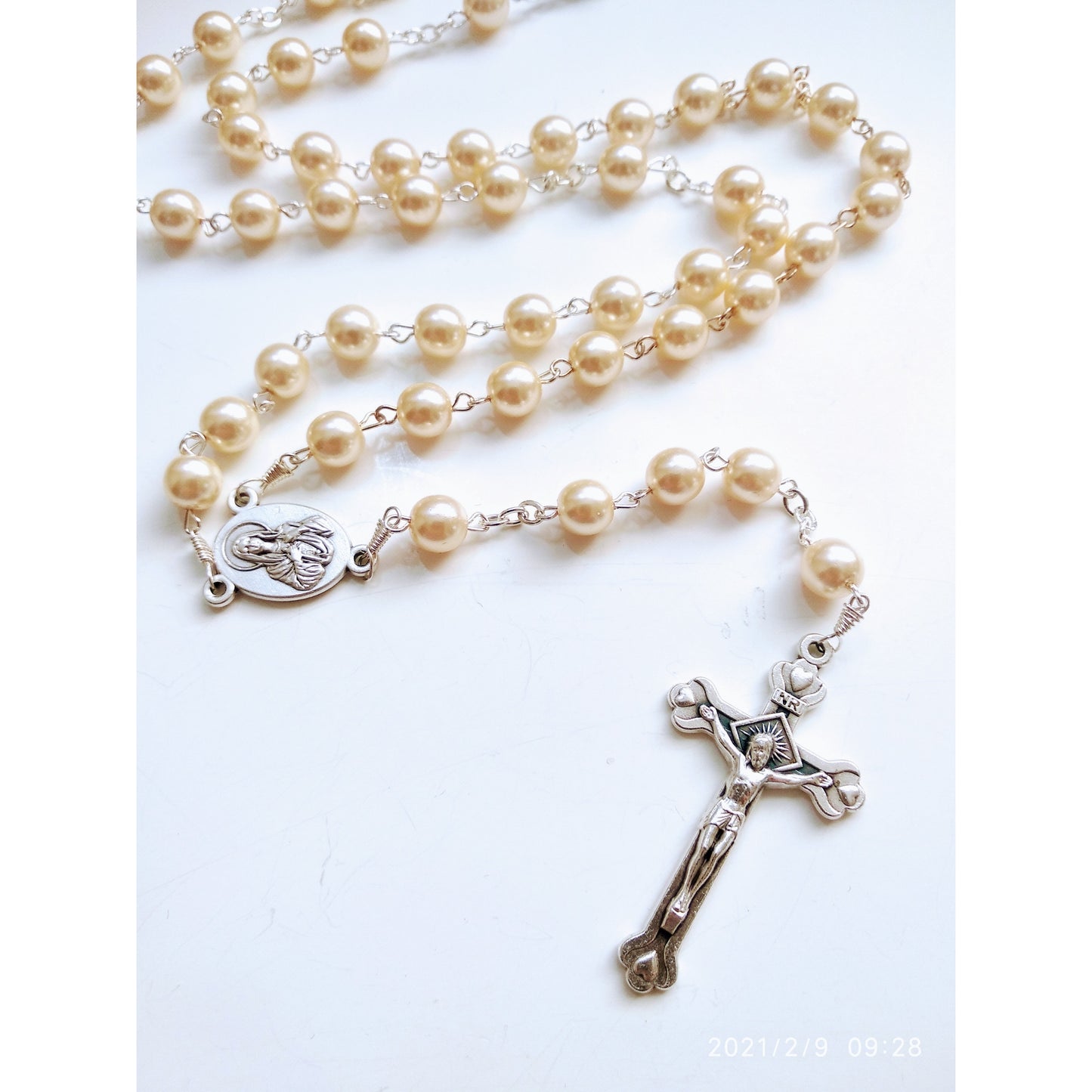 Jerusalem Rosary: Pearl Beads with Velvet Case