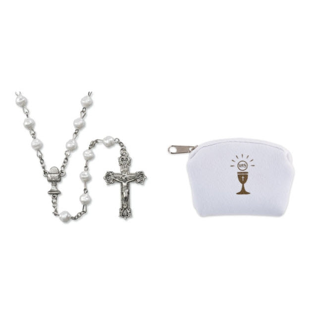 First Communion Rosary (White) with Matching Case