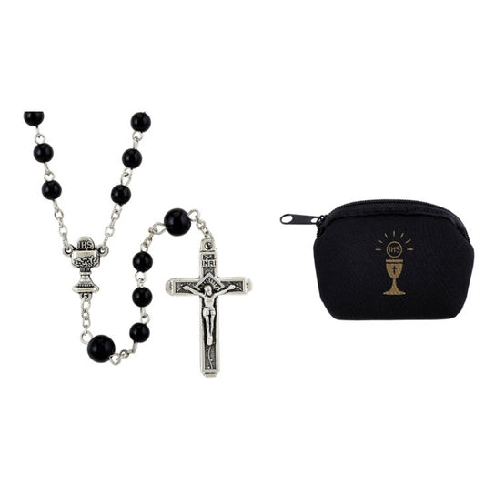 First Communion Rosary (Black) with Matching Case